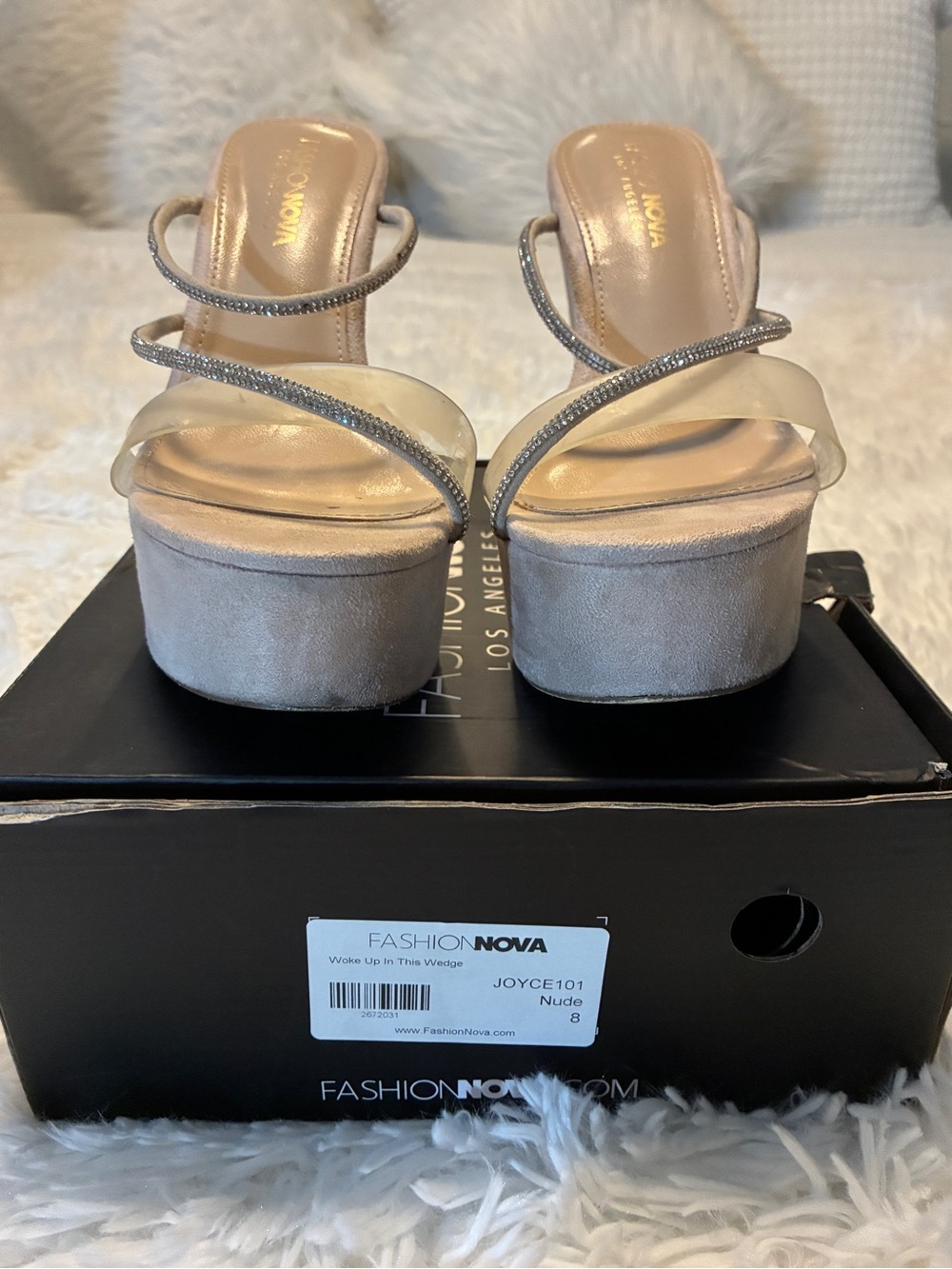 Fashion Nova Nude Crystal-Strap Platform Sandals